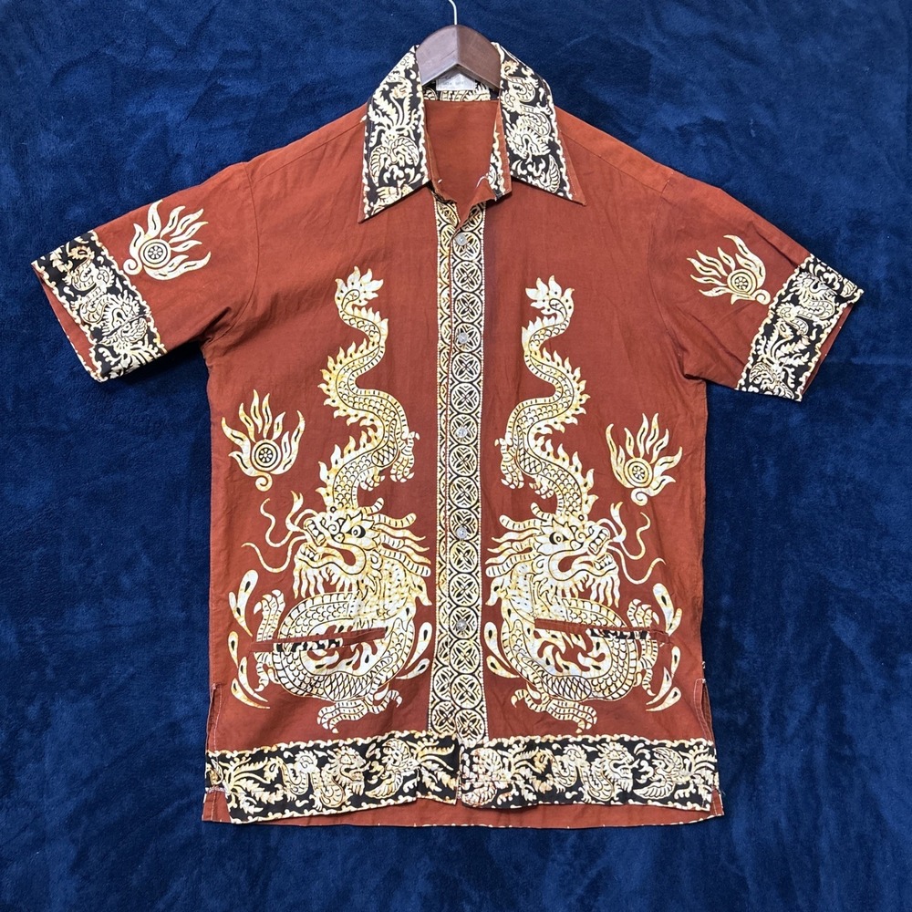 Vintage Mens Dragon Print Shirt Size L Indonesian Sun Loong Lunar Emperor 70's?
